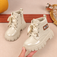 حذاء بوت للأطفال بلمعة وأربطة ونعل سميك - حذاء يومي أنيق باللون الأسود والبيج والكريمي