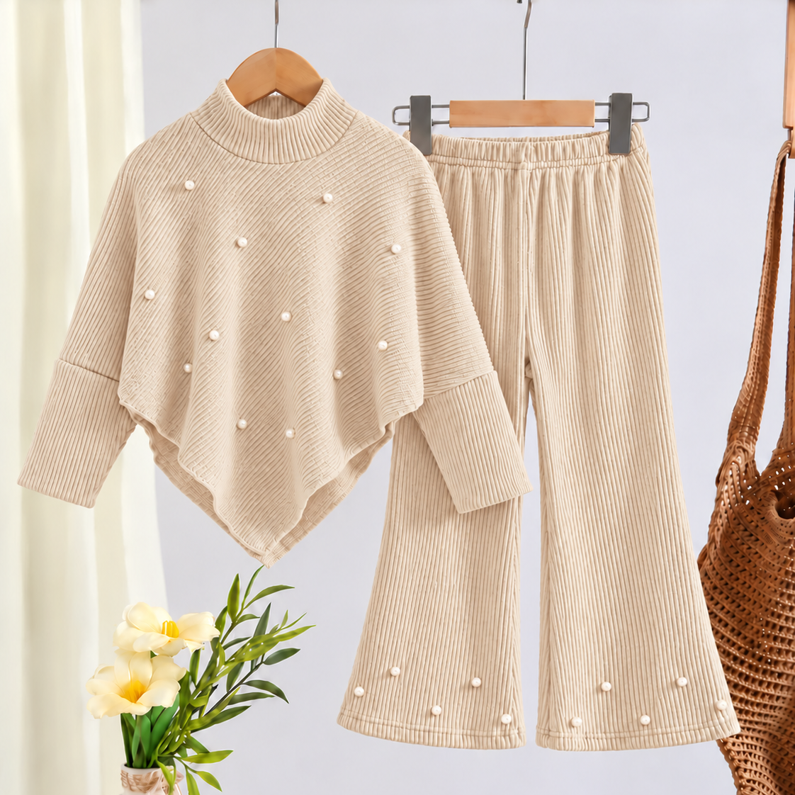 Elegant Girls’ Ribbed Knit Two-Piece Set with Pearl Details – Warm, Soft &amp; Stylish Winter Outfit