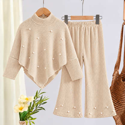 Elegant Girls’ Ribbed Knit Two-Piece Set with Pearl Details – Warm, Soft &amp; Stylish Winter Outfit