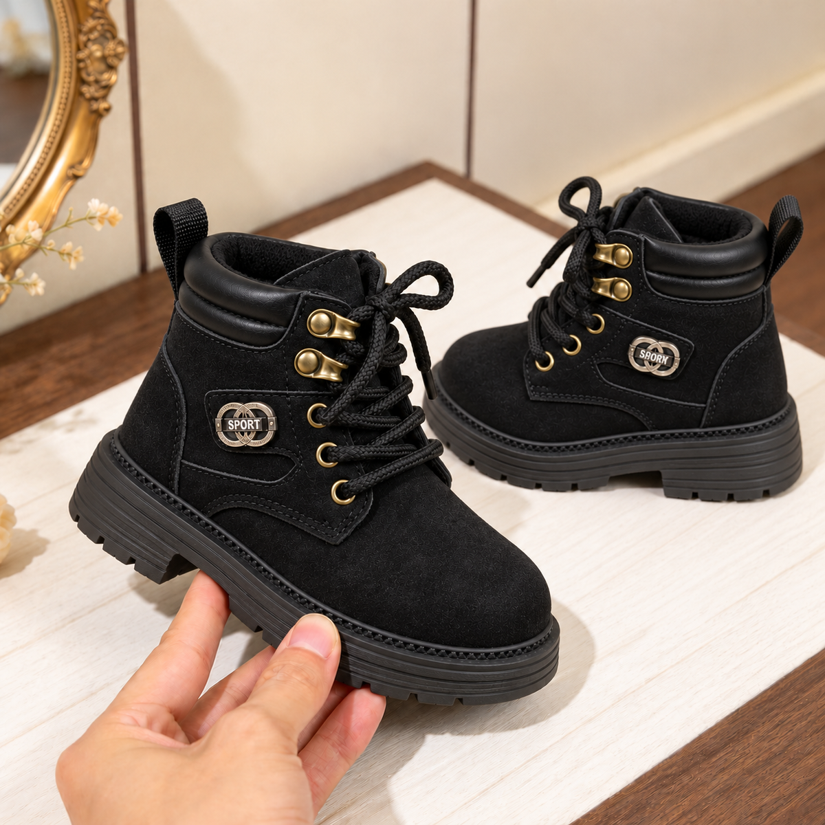 Bottines à lacets pour enfant avec cols rembourrés, semelles épaisses et style outdoor classique – Disponibles en noir, camel et taupe