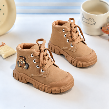 Kids’ Teddy Bear Lace-Up Ankle Boots with a Soft Matte Finish, Padded Collar and Chunky Sole – Everyday Autumn and Winter Style in Beige, Brown and Black
