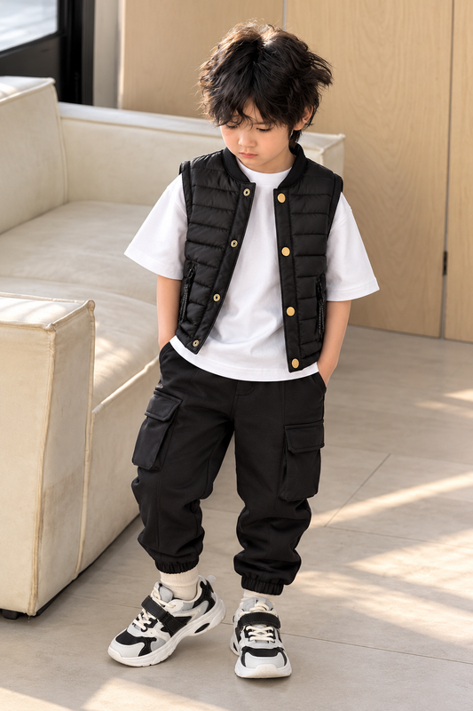 Gilet sans manches matelassé noir classique pour enfant – Une pièce polyvalente pour des tenues scolaires stylées, les aventures du week-end et les journées plus fraîches