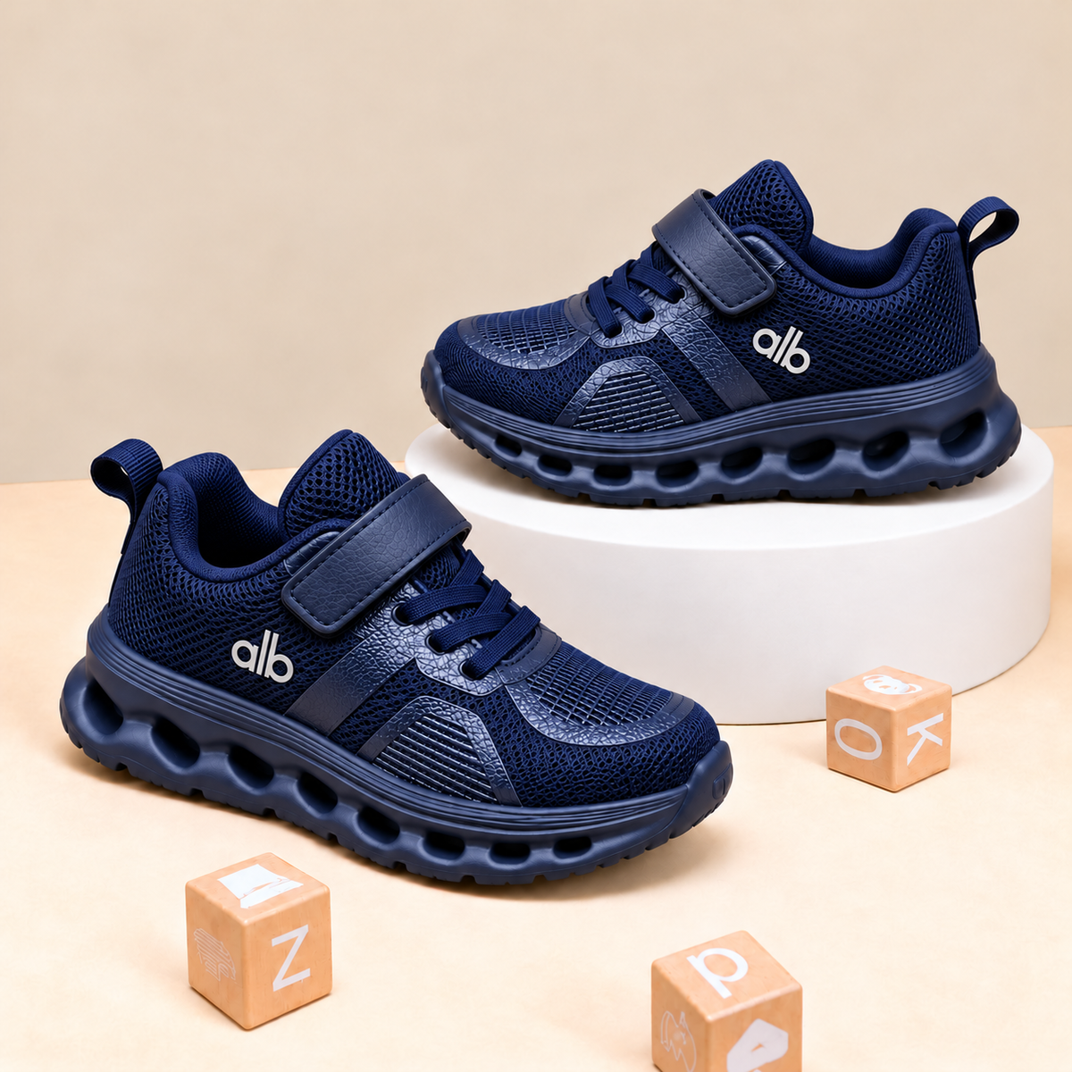 Baskets de sport pour enfants en maille avec empiècements élégants et semelle épaisse ajourée, style décontracté pour le quotidien, disponibles en noir, gris et bleu marine