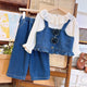 Stylish Girls Outfit Set - Ruffle Collar Shirt with Jeans and Fashionable Jacket