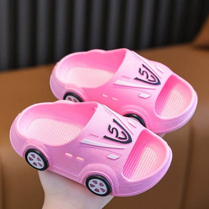 Slippers with a soft, non-slip sole for young children in a cartoon car design with LED lighting - IRRAKIDS