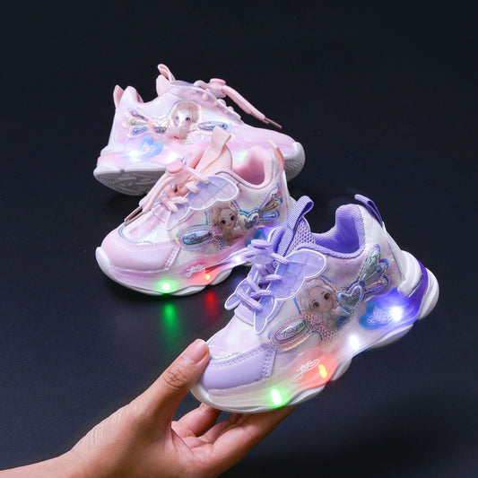 Shiny LED-Infused Princess Butterfly Sports Shoes for Girls – Spring 2024 Collection