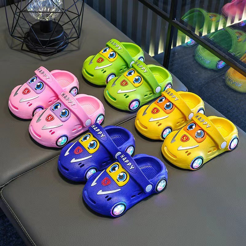 Children's Summer Cartoon Car Slippers – Luminous, Non-Slip, Soft Sole, Closed-Toe Hole Shoes for Boys & Girls