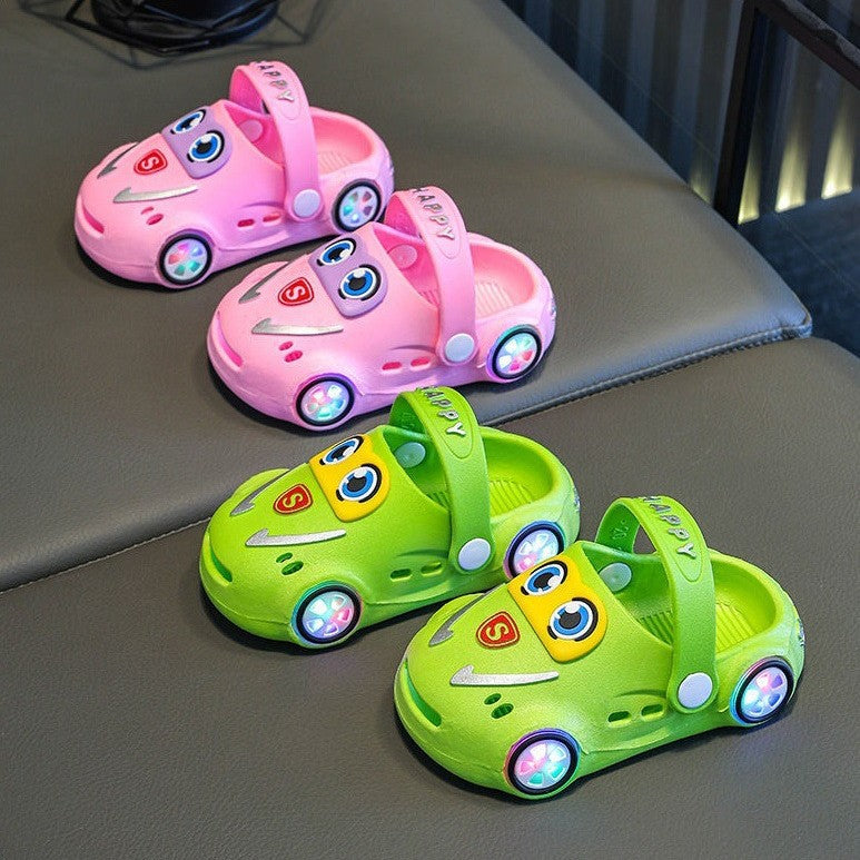 Children's Summer Cartoon Car Slippers – Luminous, Non-Slip, Soft Sole, Closed-Toe Hole Shoes for Boys & Girls