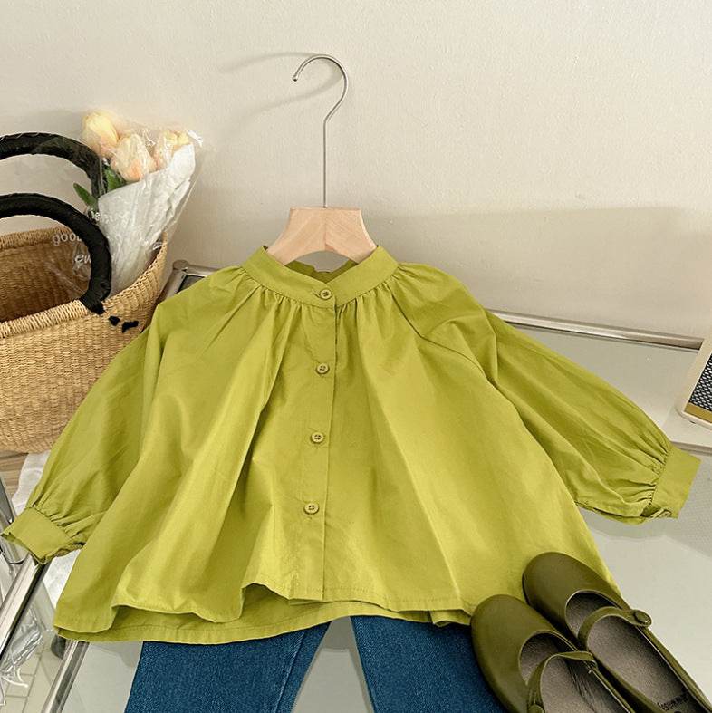 Stylish girls outfit with a modern touch - loose olive blouse with attractive pleated jeans - IRRAKIDS