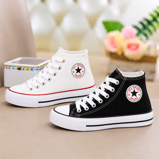 Kids’ Classic High-Top Lace-Up Sneakers in Black and White with Star Patch Details, Contrast Trim, and Timeless Everyday Style for Boys and Girls