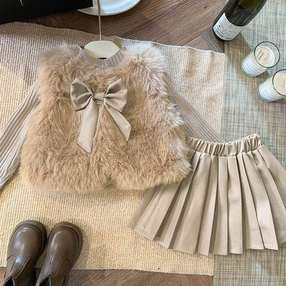 Ensemble 3 pièces « Manteau et jupe élégants en fausse fourrure avec détails de nœud »
