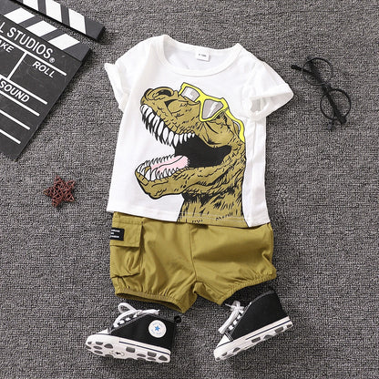 2pcs Baby Boy Dinosaur Print Glasses Tee & Cargo Shorts Summer Set,