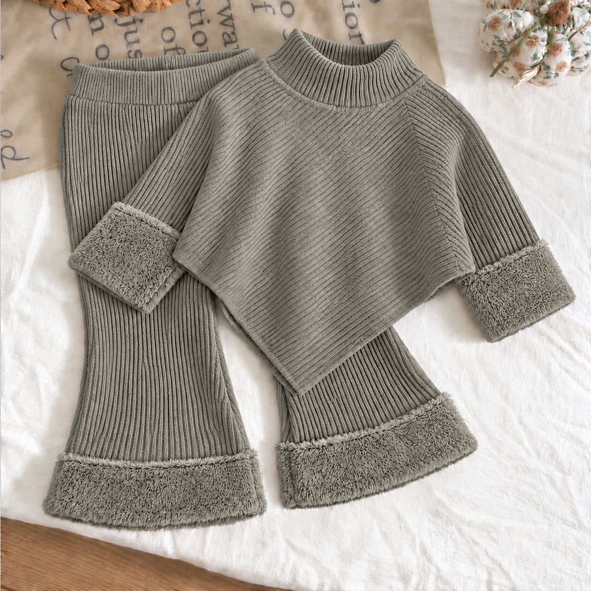 Cozy Winter Ribbed Knit Set for Girls – Soft High-Neck Sweater &amp; Flared Pants with Plush Faux-Fur Trim