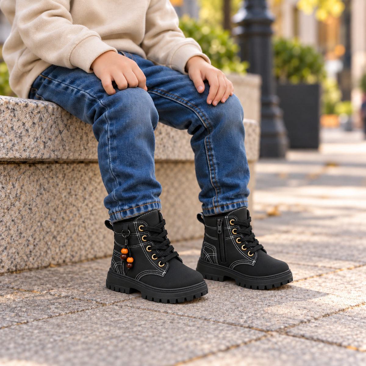Bottines à lacets pour enfant avec semelles crantées épaisses, surpiqûres décoratives et détails perlés sur le côté
