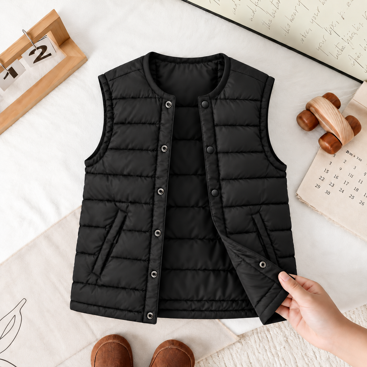 Gilet sans manches matelassé noir classique pour enfant – Une pièce polyvalente pour des tenues scolaires stylées, les aventures du week-end et les journées plus fraîches