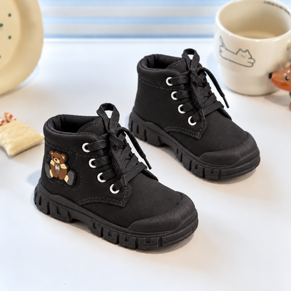 Bottines à lacets Teddy Bear pour enfants avec finition mate douce, col rembourré et semelle épaisse – Style automne et hiver au quotidien en beige, marron et noir