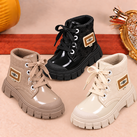 Kids’ Glossy Lace-Up Ankle Boots with Chunky Treaded Soles – Stylish Everyday Footwear in Black, Beige and Cream