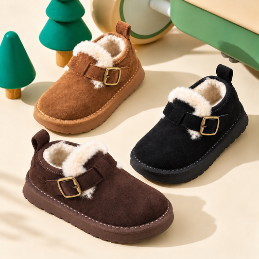 Kids’ Cozy Fleece-Lined Ankle Shoes with a Suede-Look Finish, Classic Buckle Detail and Chunky Sole for Charming Autumn and Winter Outfits