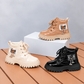 Girls’ Glossy Lace-Up Ankle Boots with Chunky Soles and Cute Bear Details