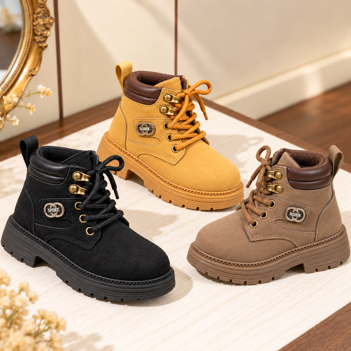 Bottines à lacets pour enfant avec cols rembourrés, semelles épaisses et style outdoor classique – Disponibles en noir, camel et taupe