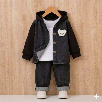Ensemble sweat à capuche en jean ours mignon pour garçons – Tenue 3 pièces décontractée et confortable