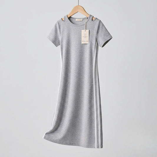 Girls’ Light Grey Side-Stripe Midi Dress with Short Sleeves