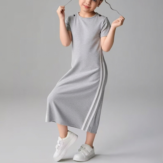 Girls’ Light Grey Side-Stripe Midi Dress with Short Sleeves