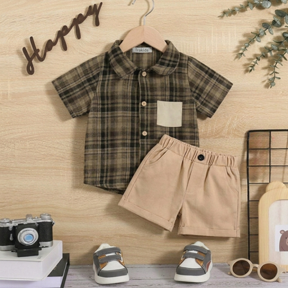Ensemble d'été 2 pièces pour garçons – Chemise à carreaux et short beige