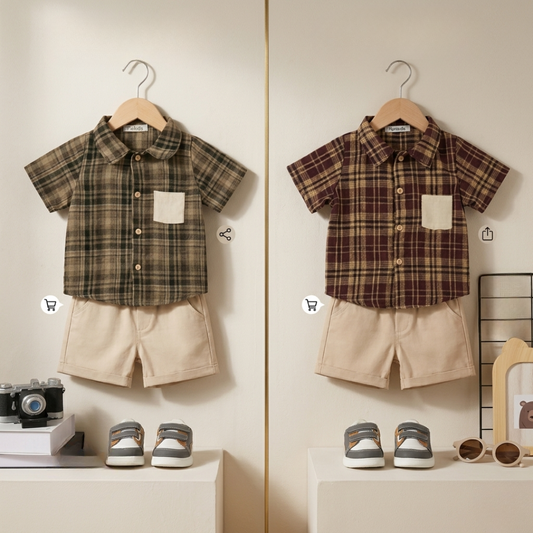 Boys 2-Piece Summer Outfit – Plaid Shirt & Beige Shorts Set