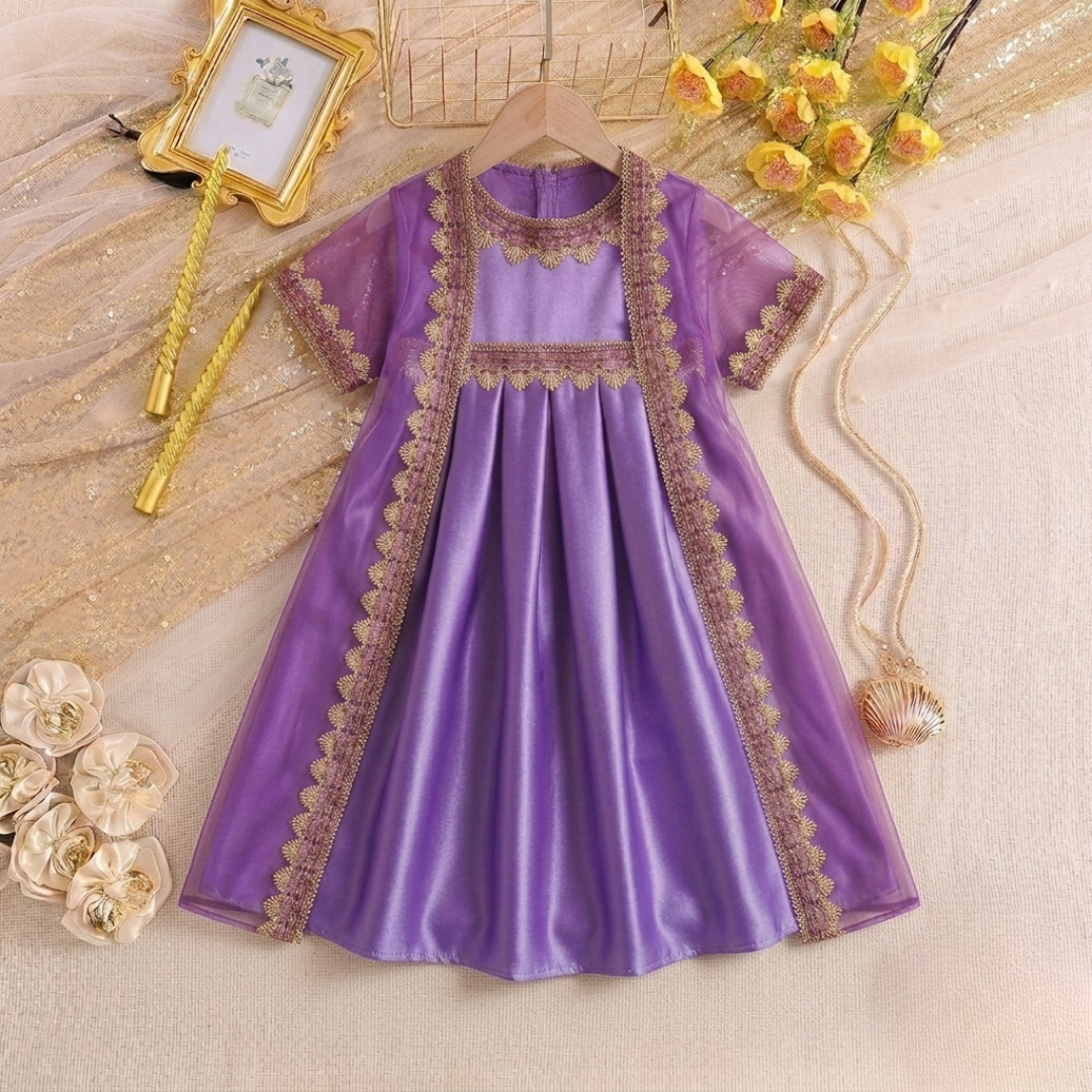 Robe élégante en satin et tulle pour fille avec cape en dentelle brodée