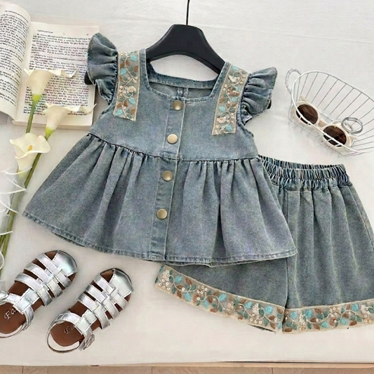 🌸 Ensemble floral en jean élégant pour filles – Style estival doux