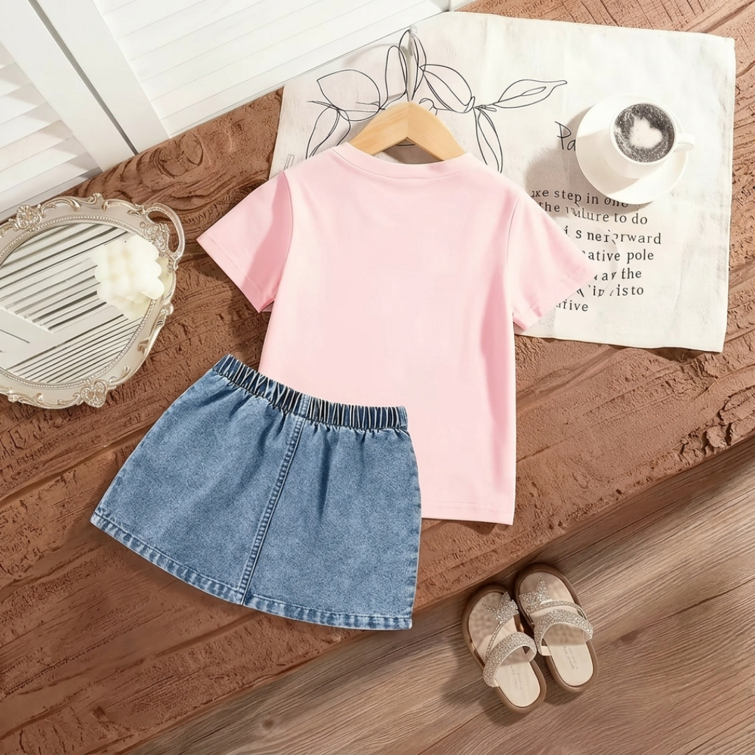 Ensemble d'été K-Pop pour filles – T-shirt rose et jupe en jean