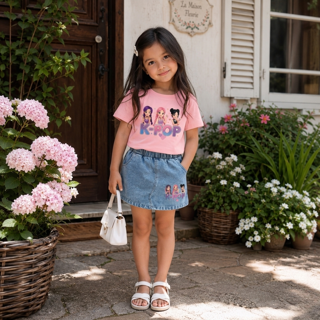Ensemble d'été K-Pop pour filles – T-shirt rose et jupe en jean