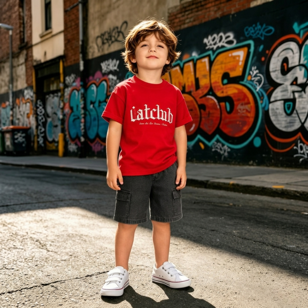 Ensemble Garçon Style Urbain – T-shirt Rouge & Short Cargo