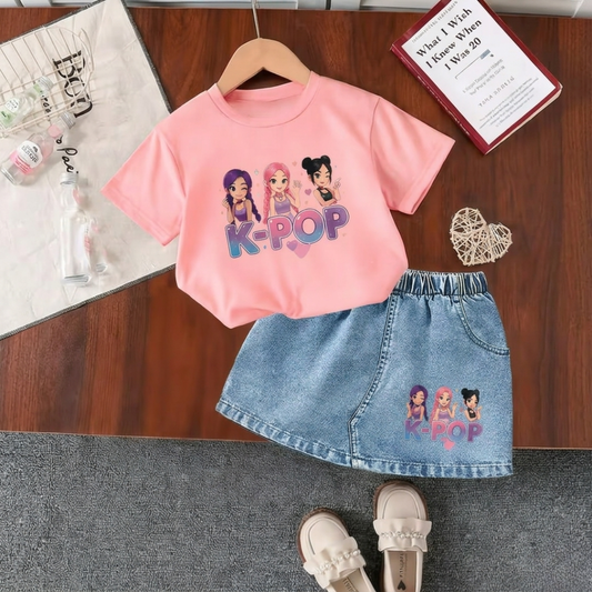 Ensemble d'été K-Pop pour filles – T-shirt rose et jupe en jean