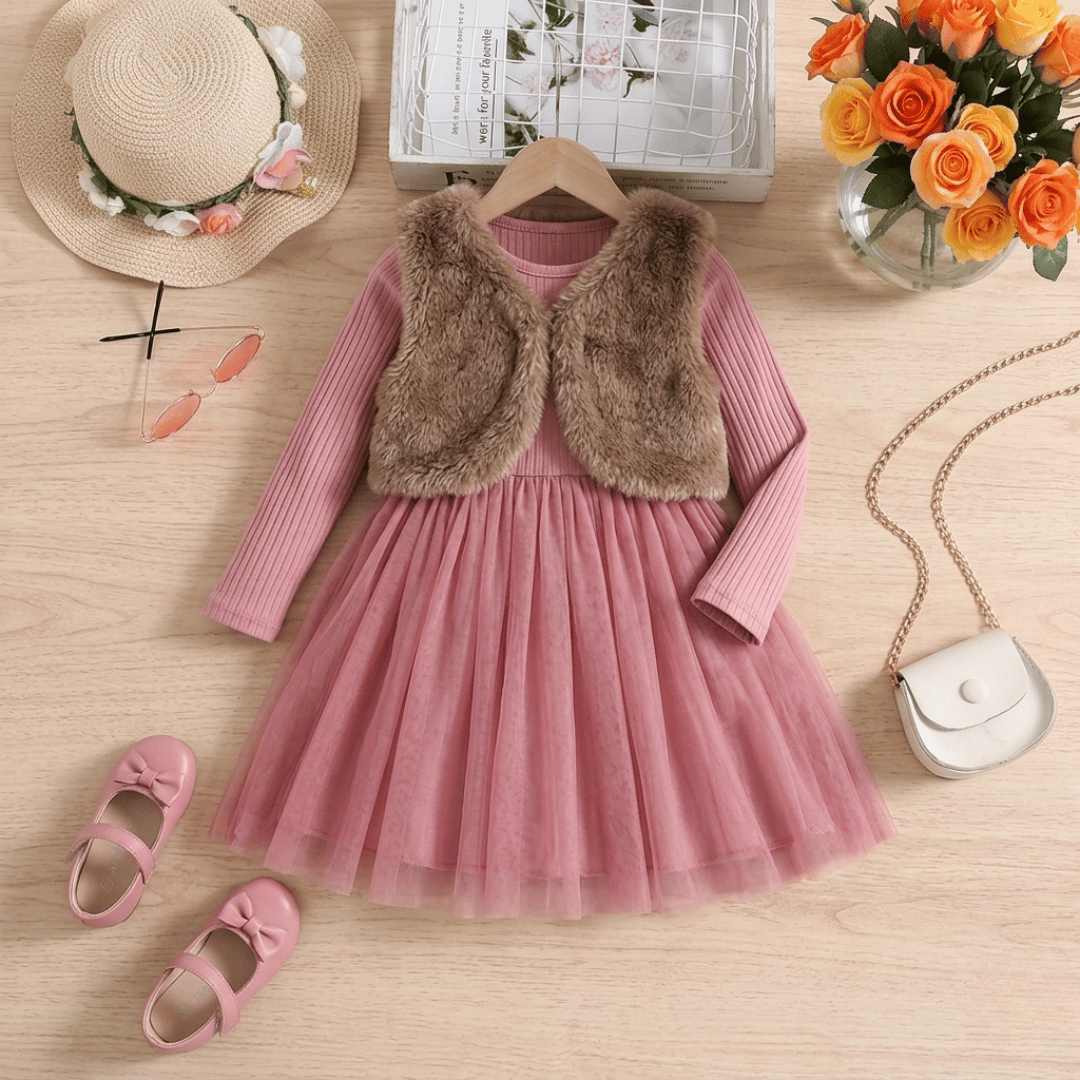 🌸 Elegant Princess Tulle Dress Set for Girls with Faux Fur Vest