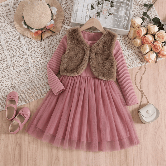 🌸 Ensemble robe en tulle Princesse élégante pour filles avec gilet en fausse fourrure