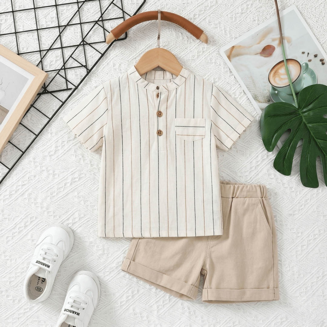2026 New Kids Summer Outfit Set Striped Cotton Shirt Shorts Soft Breathable Clothes for Boys