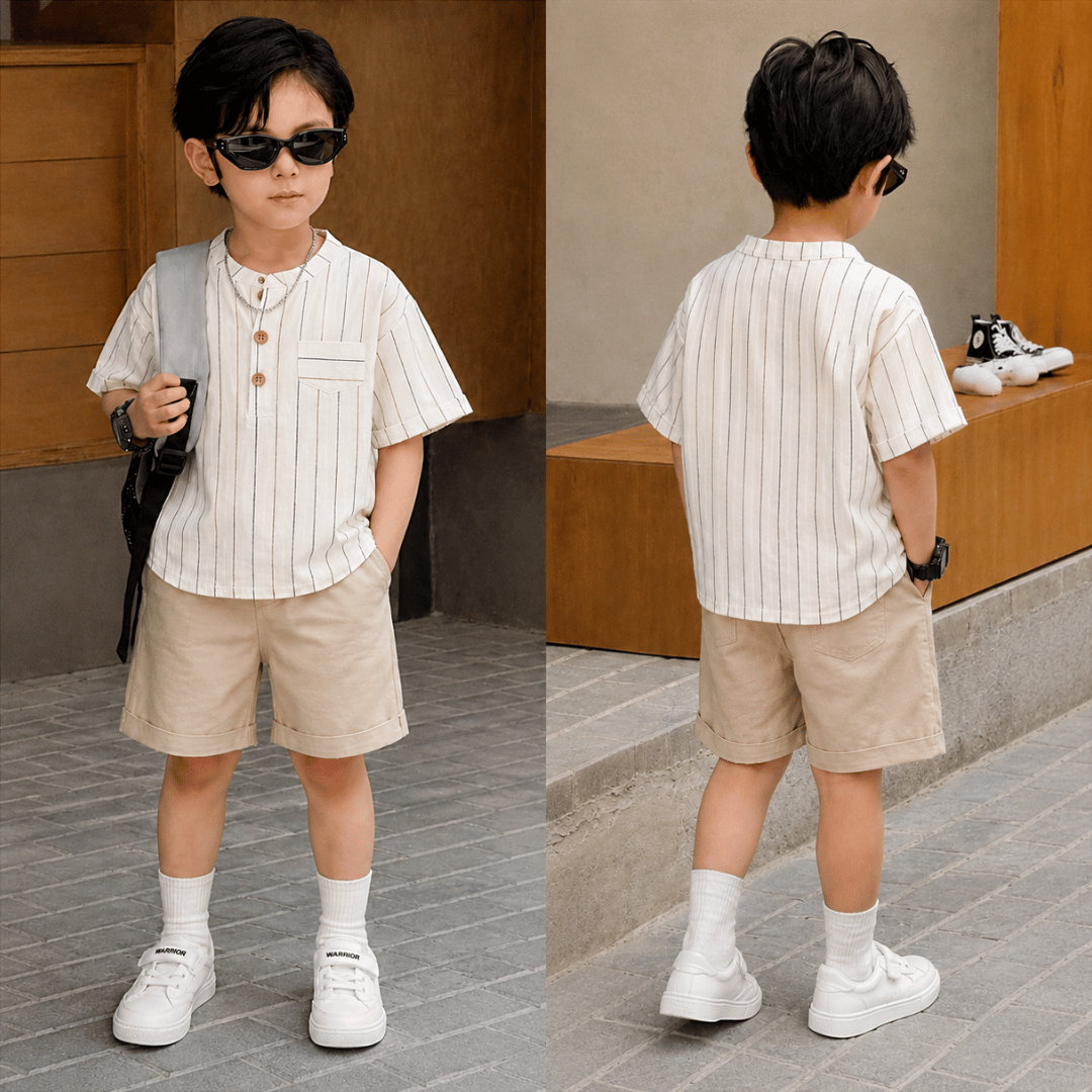 2026 New Kids Summer Outfit Set Striped Cotton Shirt Shorts Soft Breathable Clothes for Boys