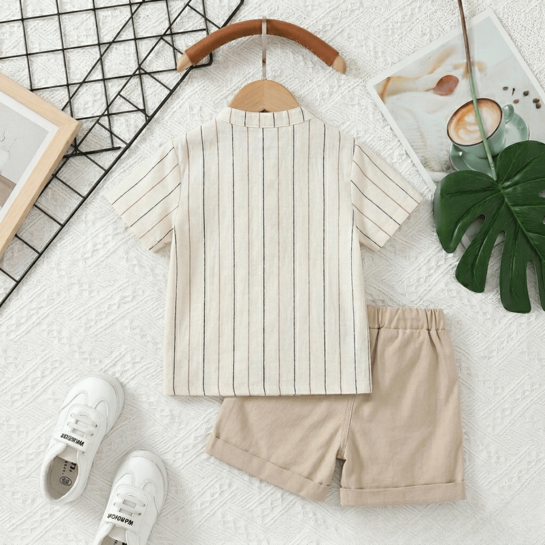 2026 New Kids Summer Outfit Set Striped Cotton Shirt Shorts Soft Breathable Clothes for Boys