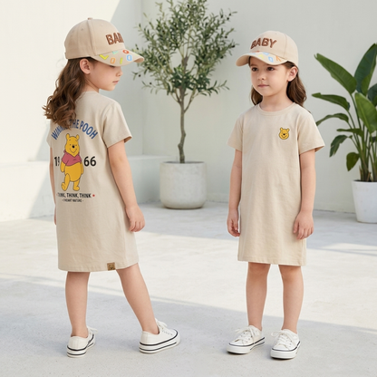 Chemise longue en pur coton pour filles – Robe d'été décontractée avec motif de dessin animé et chapeau assorti