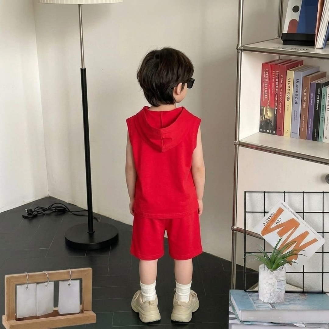 Ensemble short et t-shirt à capuche sans manches Disney Mickey Mouse pour garçon – Rouge
