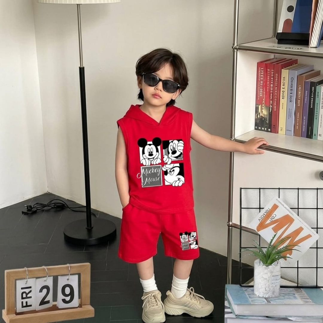 Ensemble short et t-shirt à capuche sans manches Disney Mickey Mouse pour garçon – Rouge