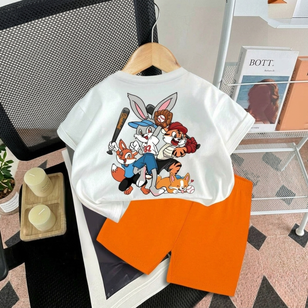 Kids Cartoon Baseball Team Summer Set – White Graphic T-Shirt & Bright Shorts (2-Piece Outfit)