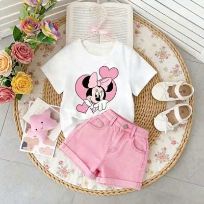 Ensemble d'été Minnie Mouse pour filles – T-shirt graphique et short en jean rose