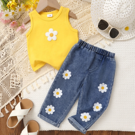 Ensemble Sunny Daisy pour filles – Haut sans manches et pantalon en jean fleuri