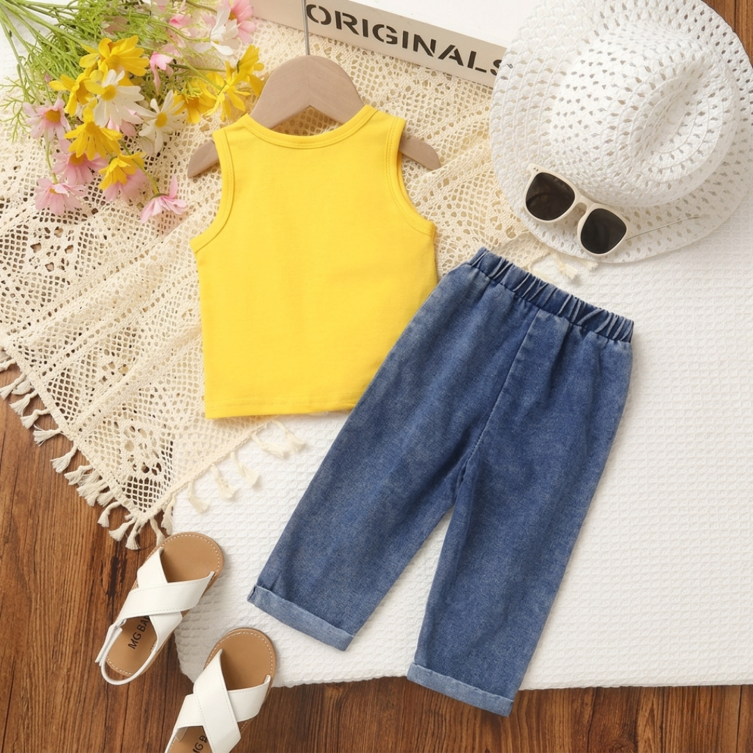 Ensemble Sunny Daisy pour filles – Haut sans manches et pantalon en jean fleuri