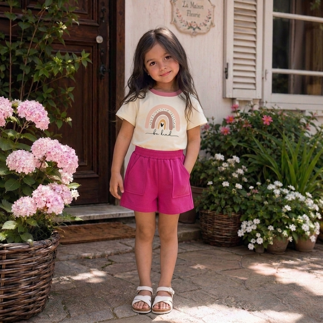 Unisex “Be Kind” Rainbow Summer Shorts Set – Kids Matching Tee & Pocket Shorts Outfit