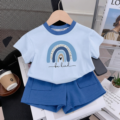 Unisex “Be Kind” Rainbow Summer Shorts Set – Kids Matching Tee & Pocket Shorts Outfit