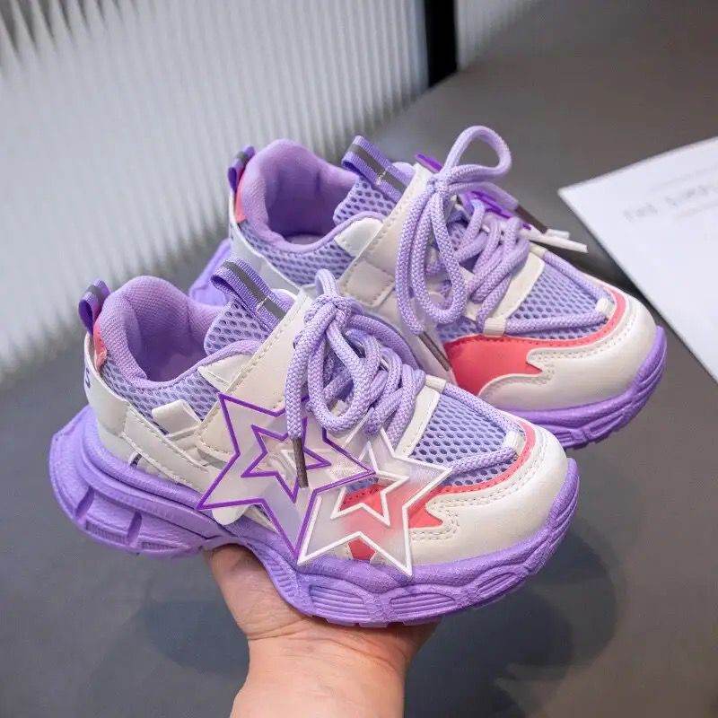 Fashion Cute Star Mesh Sneakers for Girls Breathable Non slip Running IRRAKIDS